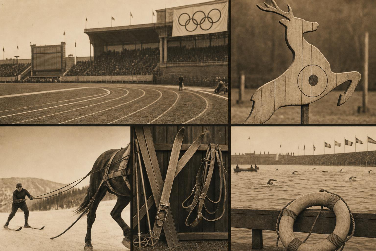 Vintage sepia collage of unusual historic Olympic events including plunge for distance, skijoring, and running deer shooting