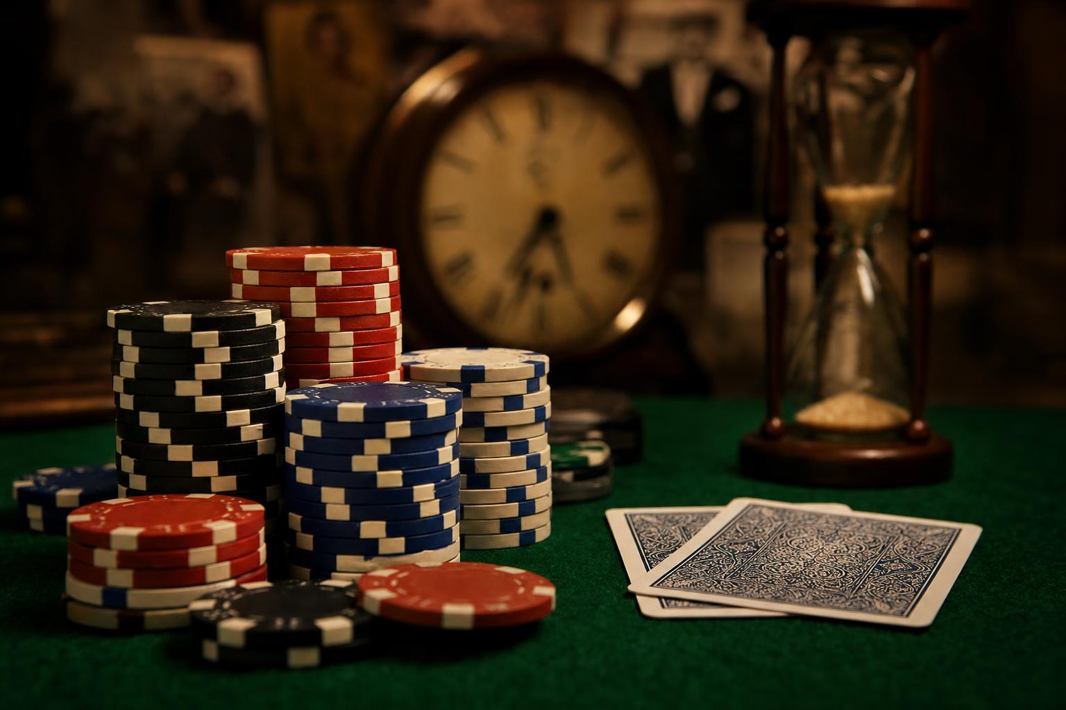 Poker chips and cards on a green felt table with a vintage clock and hourglass symbolizing the long history of poker